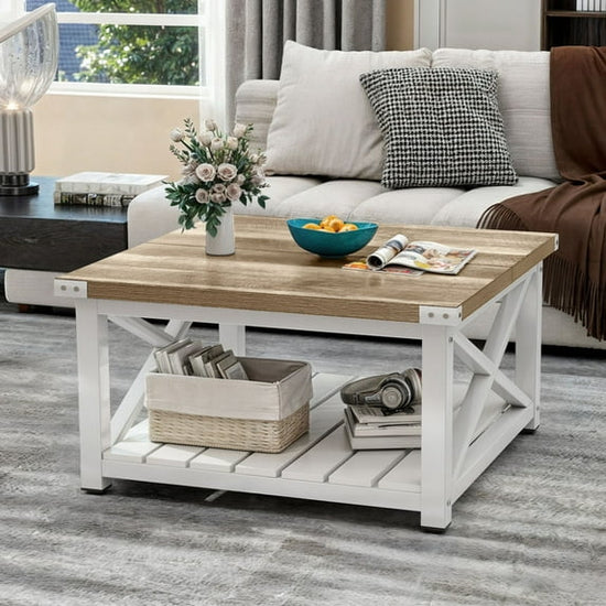 Square Farmhouse Coffee Table Vintage Look Center Table For Living Room