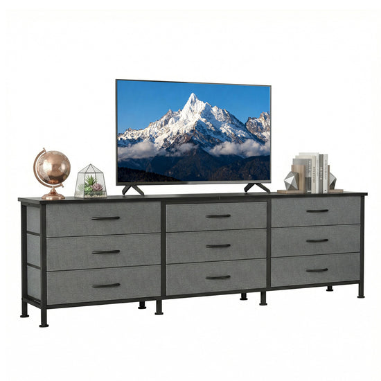63” Wide Dresser with 9 Drawers Gray Modern Storage Cabinet TV Stand