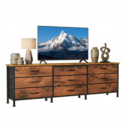 63” Wide Dresser with 9 Drawers Gray Modern Storage Cabinet TV Stand