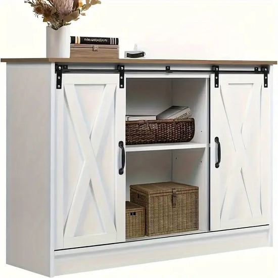42” Coffee Bar Cabinet Farmhouse TV Stand Adjustable Shelves Sliding Barn Doors