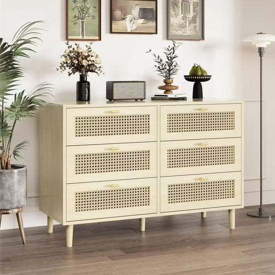 Modern 6-Drawer Rattan Dresser Cabinet for Bedroom Dining Room Kitchen Hallway Entryway