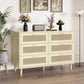Modern 6-Drawer Rattan Dresser Cabinet for Bedroom Dining Room Kitchen Hallway Entryway