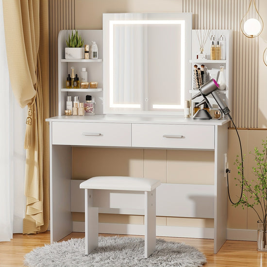 Vanity Desk Make up Table with Lighted Mirror Adjustable Brightness and Chair