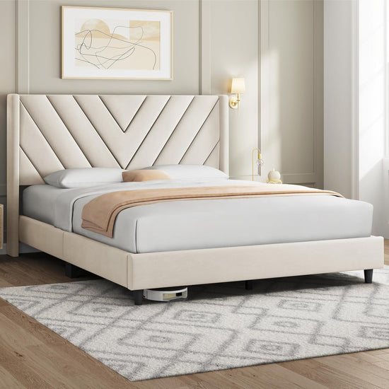 Queen Bed Frame Upholstered Platform Bed with Wing Side/Wooden Slat Support- Beige
