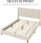 Queen Bed Frame Upholstered Platform Bed with Wing Side/Wooden Slat Support- Beige