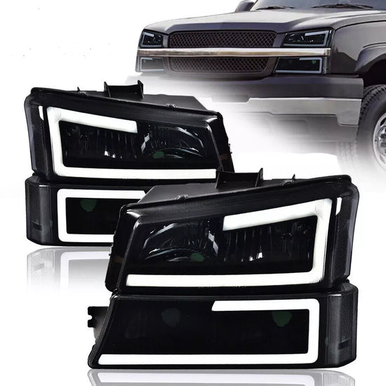 2003-2007 Silverado Clear Reflector Black Housing LED DRL Bar Headlights