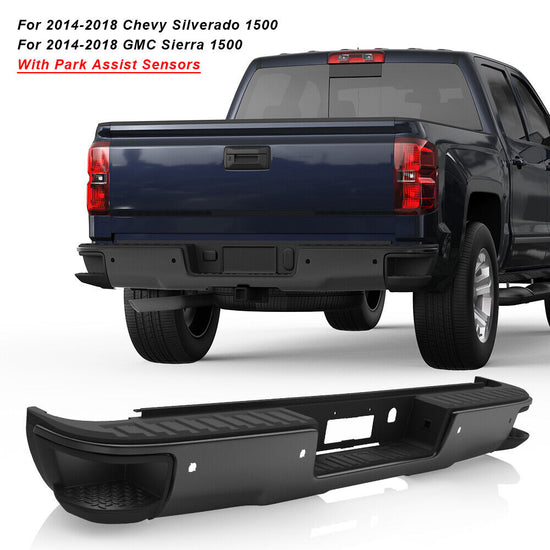 Black Rear Bumper with Sensor Holes For Chevy Silverado 1500 GMC Sierra 2014-2018