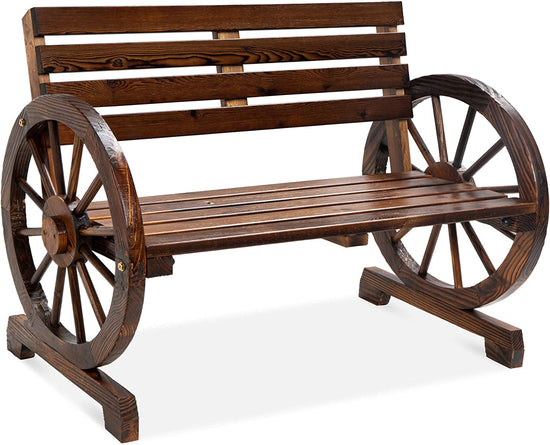 2-Person Wooden Wagon Wheel Bench, Lounge Furniture - Brown