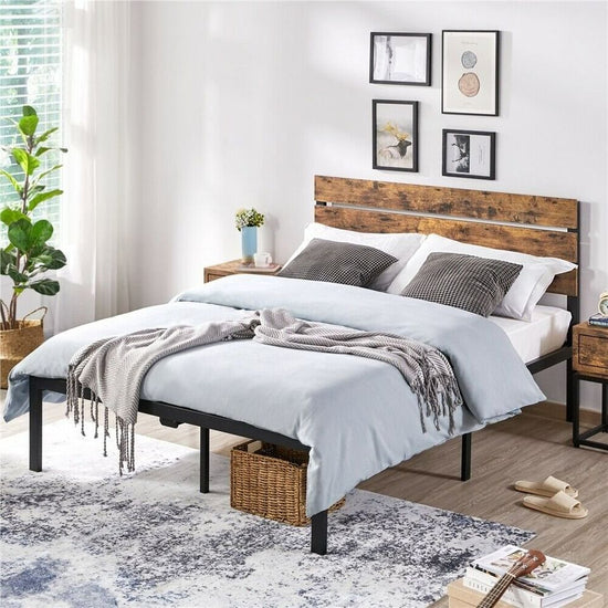 Full Size Metal Platform Bed Frame w/Wooden Headboard Rustic Country Style