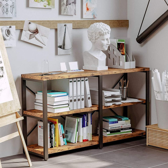 Bookshelf Double Wide 3 Tier, Rustic Bookcases Wood and Metal Bookshelves
