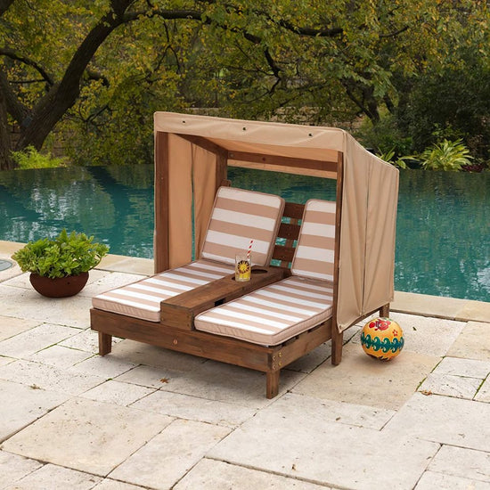 Wooden Outdoor Double Chaise Lounge with Cup Holders for Kids or Pets