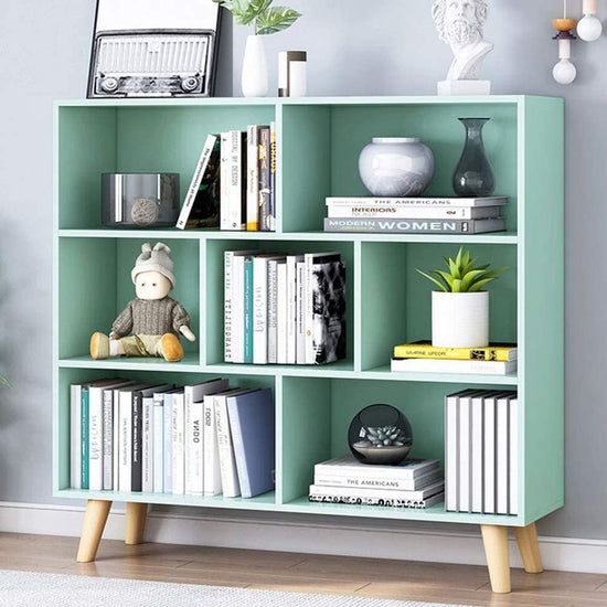 7 Cubes Wooden Bookcase Floor Standing Display Cabinet Rack with Legs, Tiffany-Green