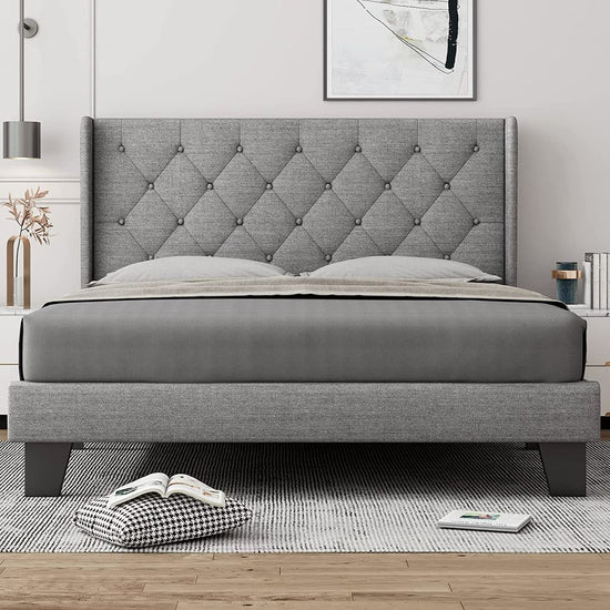 Queen Upholstered Wingback Platform Bed Frame / Button Tufted with Headboard Box Spring Optional