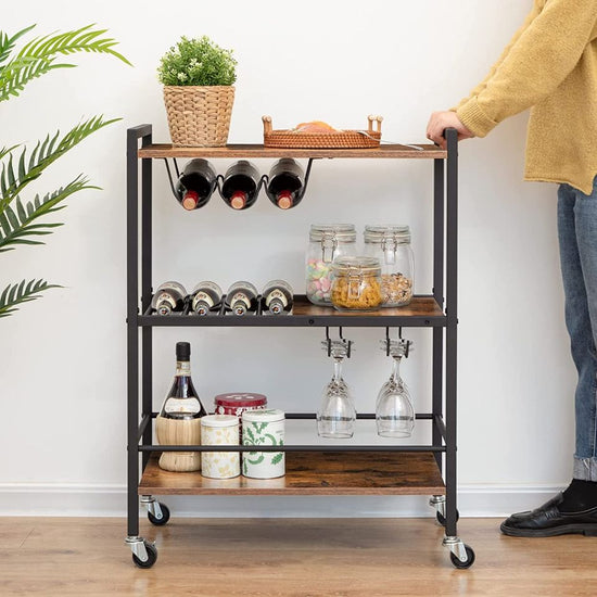 NEW! 3-Tier Serving Cart on Wheels Kitchen Cart with Wine Rack and Cup Holder