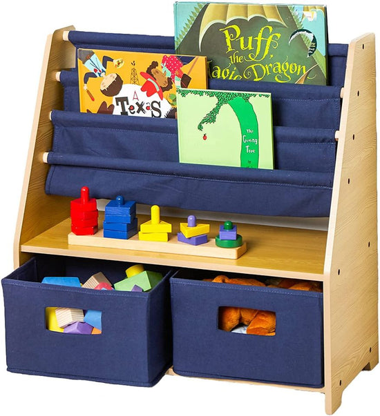 Wooden Kids Canvas Sling Bookshelf with Storage