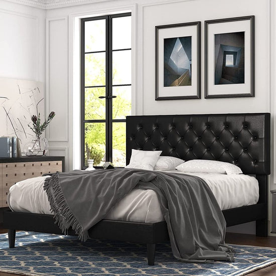Full Bed Frame w/ Adjustable Tufted Headboard / Faux Leather Upholstered, Easy Assembly, Black
