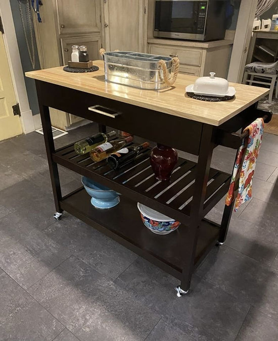 Wood Kitchen Island Cart on Wheels, Storage Drawer and Shelves, Espresso