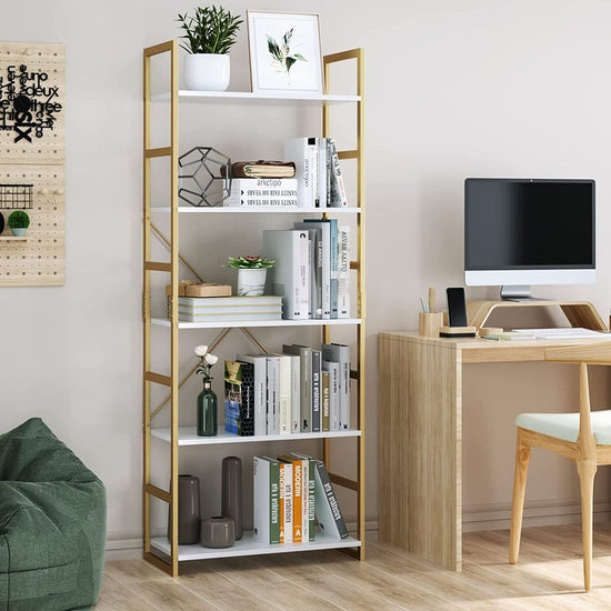 5-Tier Gold Bookshelf, Modern Free Standing Storage shelf with Metal Frame Gold