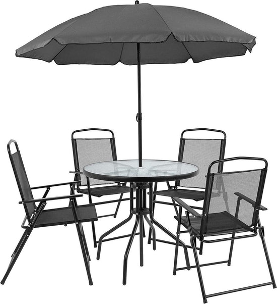 6 Pcs Patio Garden Table Set - Umbrella Table Set of 4 Black Folding Chairs NEW