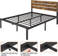 Full Size Metal Platform Bed Frame w/Wooden Headboard Rustic Country Style