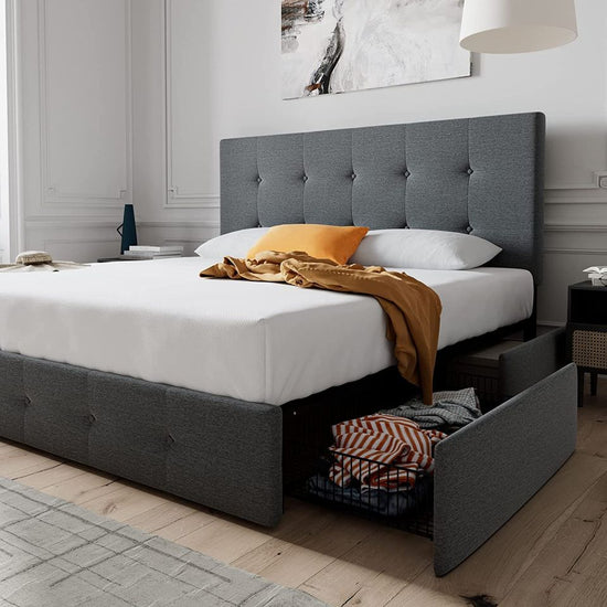 💥Sale💥Queen Size Platform Bed Frame with 4 Storage Drawers & Adjustable Headboard, Upholstered