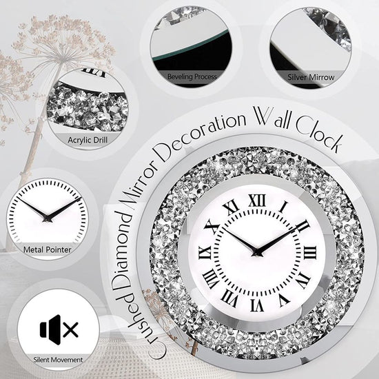 Modern Silver Crystal Diamond Large Mirror Decorative Wall Clock