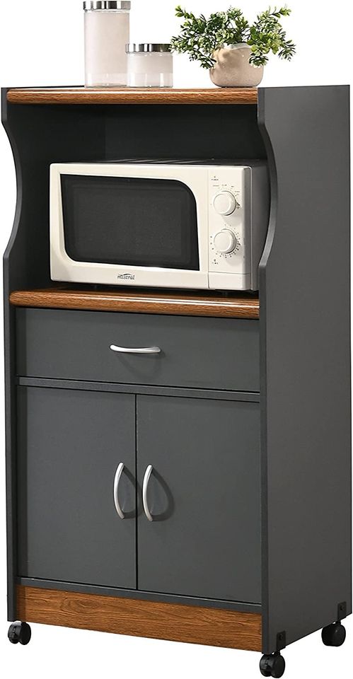 Microwave Cart with One Drawer, Two Doors, and Shelf for Storage, Grey-Oak