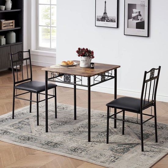 3-Piece Dining Room Wooden Kitchen Table and 2 PU Cushion Chair for Small Space, Retro Brown