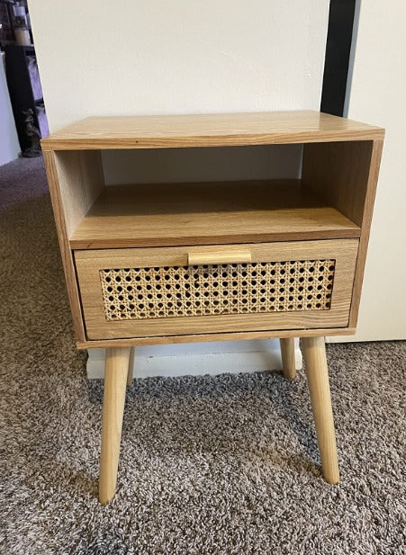 Mid Century Modern Nightstand with Drawer, Small Nightstand Bedside Table, Brown Rattan