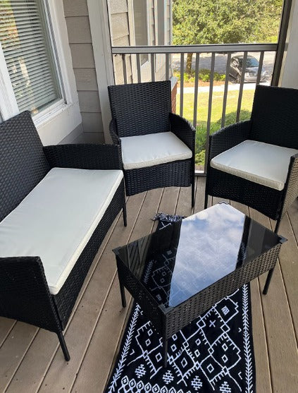Patio Furniture Set Wicker 4 Pcs Outdoor Rattan Chair Tempered Glass Tabletop, Black