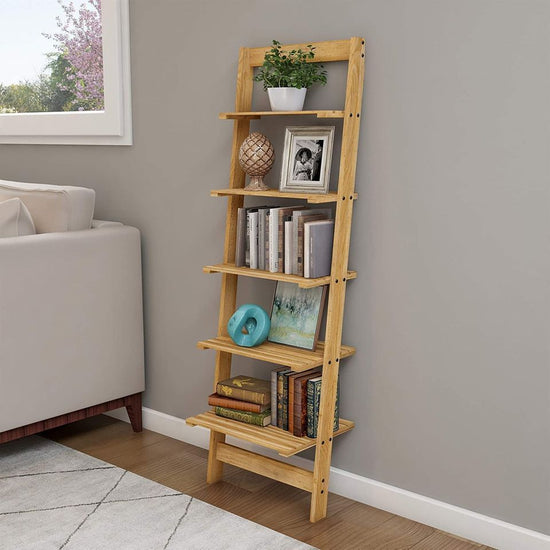 5-Tier Ladder Wooden Narrow Leaning Book Shelf, Boho Home Decor, Oak