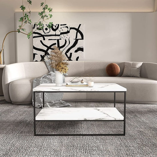 35" White Marble Coffee Table, Rectangle 2-Tier Center Table for Living Room