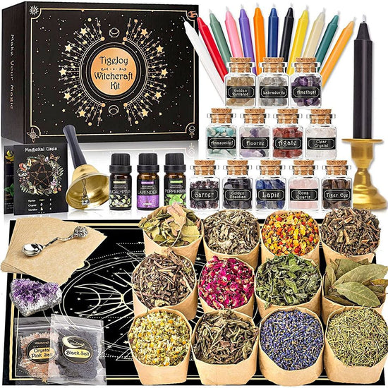 61 Pcs Witchcraft Supplies Witch Stuff Spell Kit w/ Dried Herb Crystal Candle Amethyst Altar Cloth