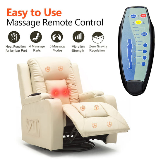 Recliner Chair PU Leather Rocking Sofa with Heated Massage, Cream White
