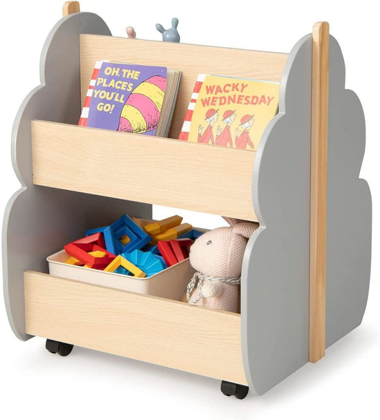 Kids Bookshelf with Wheels Wooden Bookcase Toy Storage Cabinet Organizer