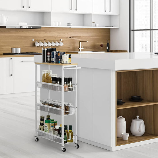 Slim Storage Cart 4 Tier Rolling Kitchen Shelving Unit on Wheels Mobile Narrow Cart with Wooden Tabletop